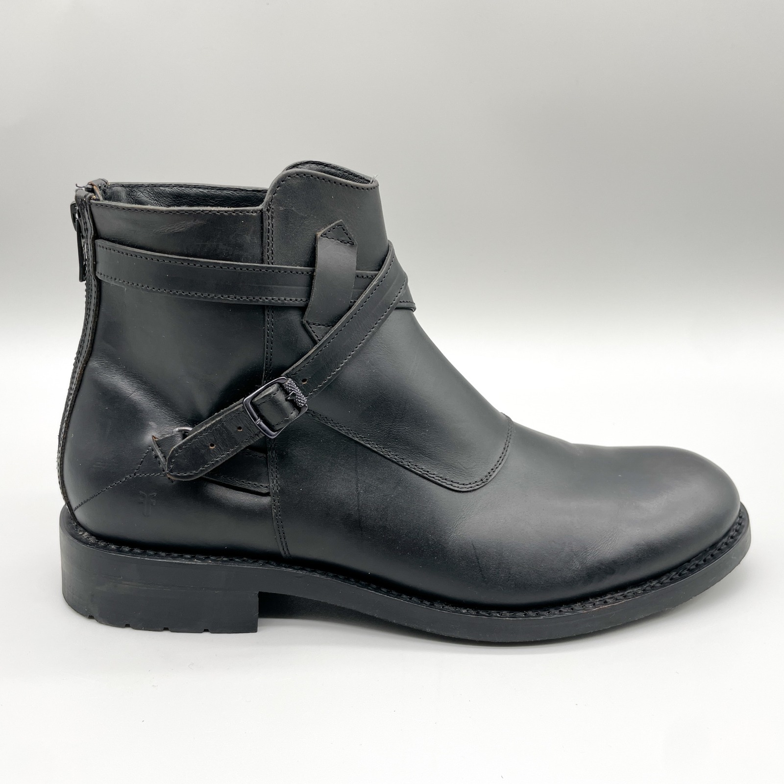 Frye Mens 9.5 D Stone Cross Strap Boots Black Leather Buckle Casual Goth Biker
